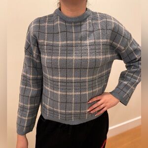 OAK + FORT Blue Plaid Crew Neck Sweater